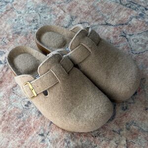 Women's Tan Mules with Gold Buckle